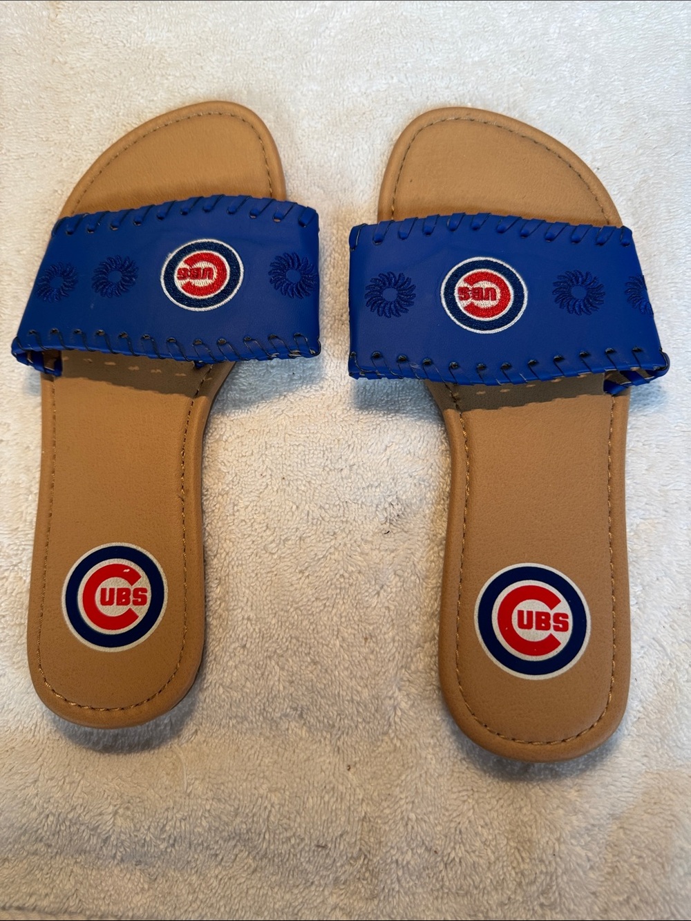 Ladies Blue Logo Slide Sandals with Tan Footbed